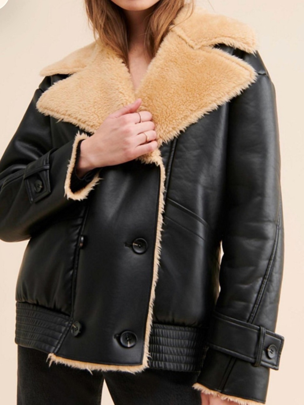 Avec Les Filles Black Faux Leather Jacket with Tan Shearling Trim - Picture 3 of 9